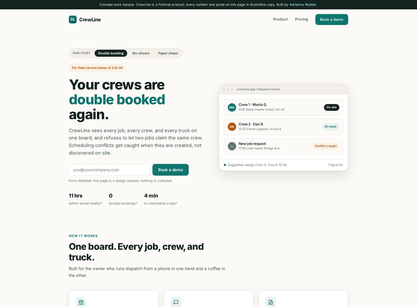 Concept landing page for CrewLine, a fictional field-service scheduling SaaS, with hero, dispatch board mock and demo form