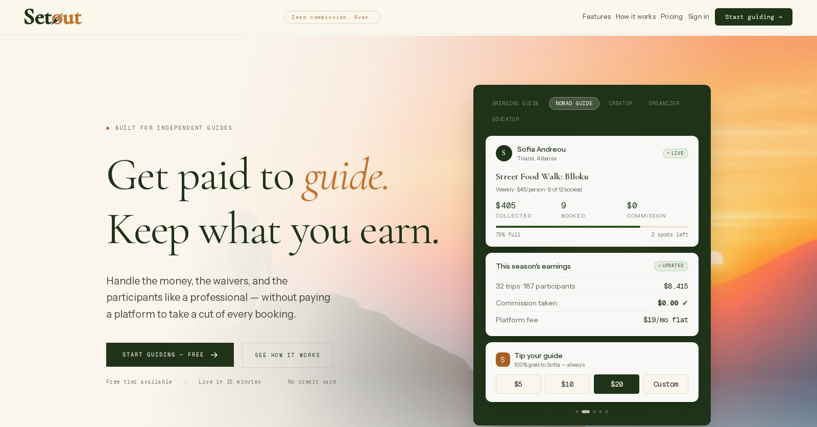 Setout home page, showing a guide's live trip and season earnings